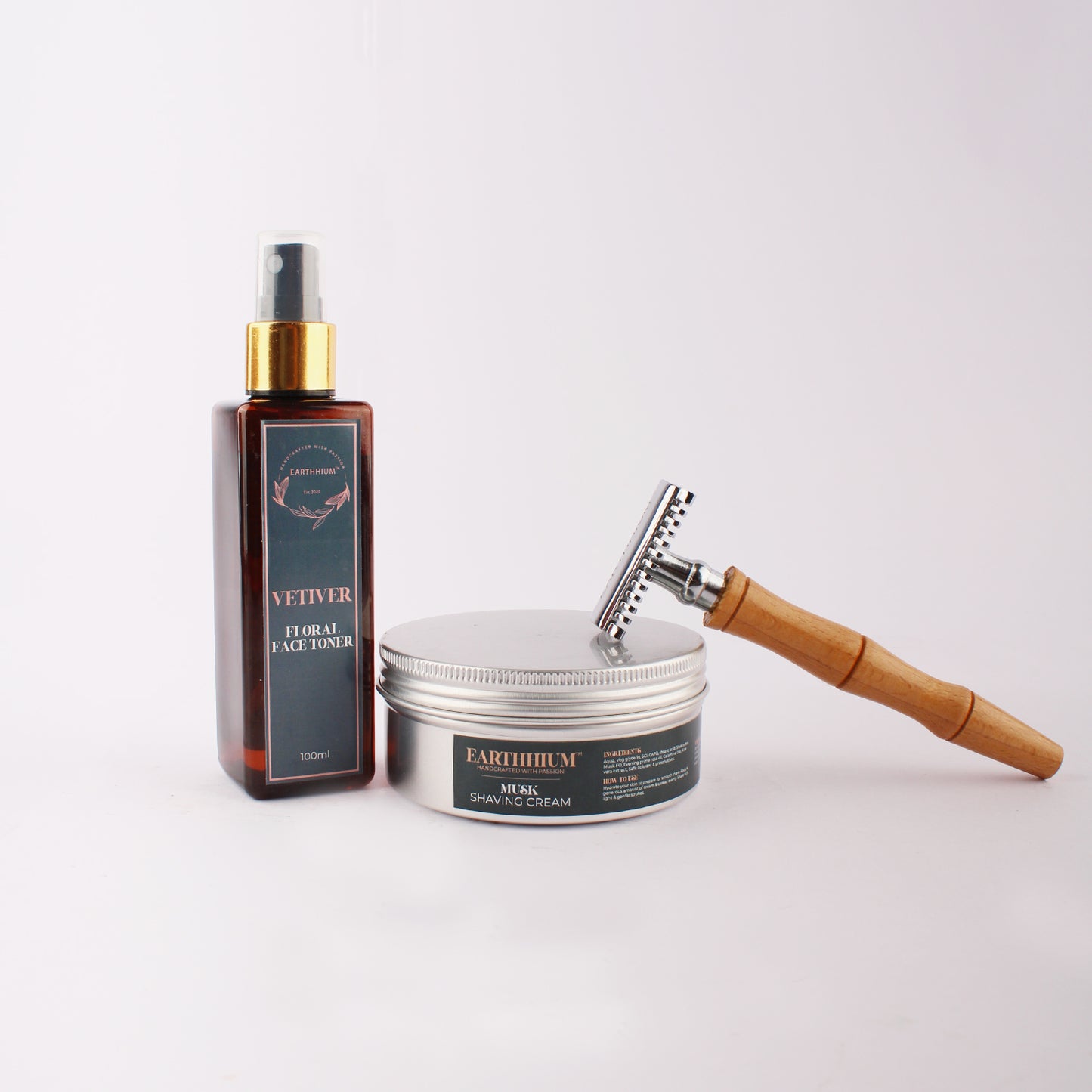 Musk shaving cream, bamboo Razor & Rose Water toner